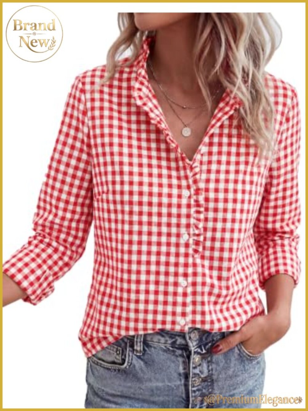 Women's Long Sleeve Button Down Plaid Blouse Ruffle Collar